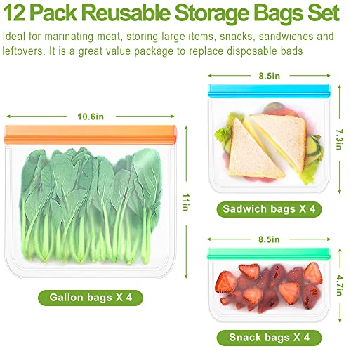 BLOCE Reusable Food Storage Bags, 12 Pack BPA FREE Flat Freezer Bags - Includes 4 Reusable Gallon Bags + 4 Leakproof Reusable Sandwich Bags + 4 Food Grade Kids Snack Bags, FDA Grade Reusable Ziplock Bags Silicone for Meat Fruit Cereal Snacks