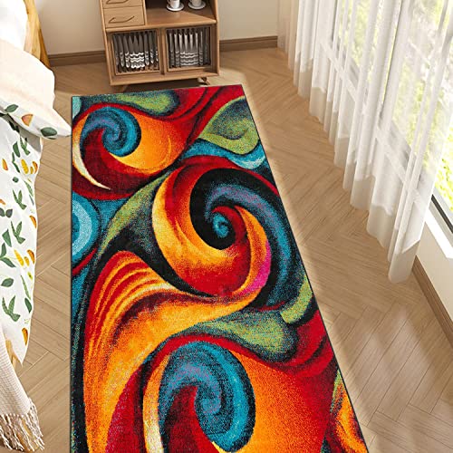 GUBIYU Abstract Rugs Modern Geometric Area Rug Bedroom Living Room Floor Carpet with Swirls in Red Turquoise Orange Contemporary Dining Accent Rugs Sevilla Collection for Hallway 23.6x59 in Runner