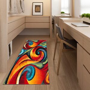 GUBIYU Abstract Rugs Modern Geometric Area Rug Bedroom Living Room Floor Carpet with Swirls in Red Turquoise Orange Contemporary Dining Accent Rugs Sevilla Collection for Hallway 23.6x59 in Runner