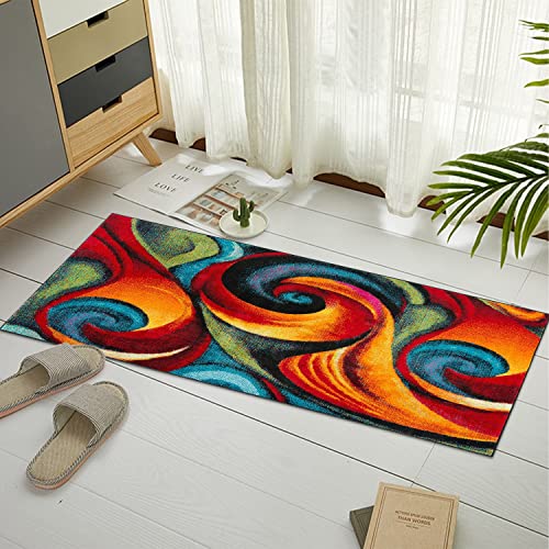 GUBIYU Abstract Rugs Modern Geometric Area Rug Bedroom Living Room Floor Carpet with Swirls in Red Turquoise Orange Contemporary Dining Accent Rugs Sevilla Collection for Hallway 23.6x59 in Runner