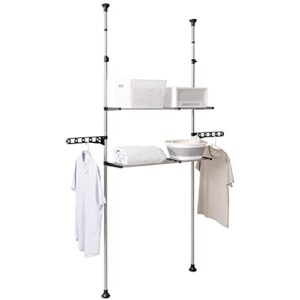 Hershii 2 Tier Over The Toilet Storage Rack Laundry Shelf Double Tension Poles Above Washer Dryer Organizer Unit Bathroom Space Saver Clothes Hanger Rods, Adjustable Height & Width - Black