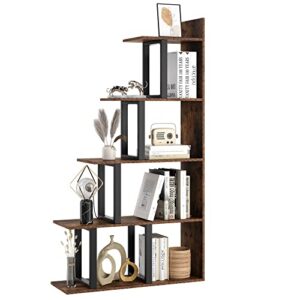 finetones 5-tier l-shape corner bookshelf, vintage freestanding wood look industrial ladder bookcase, display rack storage shelf for living room bedroom office, rustic brown