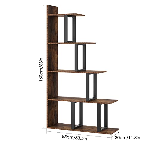 finetones 5-Tier L-Shape Corner Bookshelf, Vintage Freestanding Wood Look Industrial Ladder Bookcase, Display Rack Storage Shelf for Living Room Bedroom Office, Rustic Brown