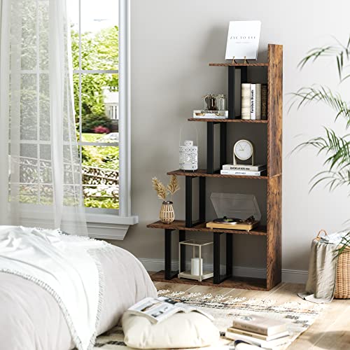 finetones 5-Tier L-Shape Corner Bookshelf, Vintage Freestanding Wood Look Industrial Ladder Bookcase, Display Rack Storage Shelf for Living Room Bedroom Office, Rustic Brown