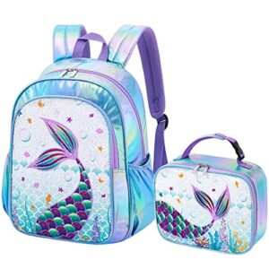 wawsam glitter mermaid backpack set - sparkly school backpack with lunch box for girls preschool kindergarten elementary 15” blue hiking travel book bag schoolbag insulated lunch bag