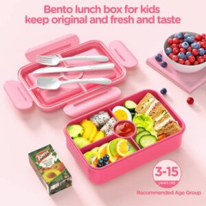 Jelife Kids Lunch Bento Box, Large Bento-Style Leakproof Lunch Boxes 4 Compartments Girls Snack Lunch Containers with Tableware for Back to School, Reusable On-the-Go Meal and Snack Packing, Pink