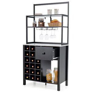 loko bar cabinet, wine storage cabinet with detachable glass holder and racks, kitchen bakers rack with wine rack, 31 x 16 x 64 inches (black)