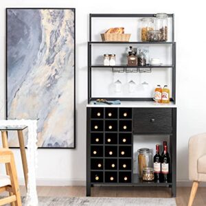LOKO Bar Cabinet, Wine Storage Cabinet with Detachable Glass Holder and Racks, Kitchen Bakers Rack with Wine Rack, 31 x 16 x 64 inches (Black)