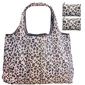 happyheidi reusable grocery shopping bags totes foldable washable with long handles for heavy duty, fold-up pouch, for beach gym travel, bulk, cute, 2 pack,leopard