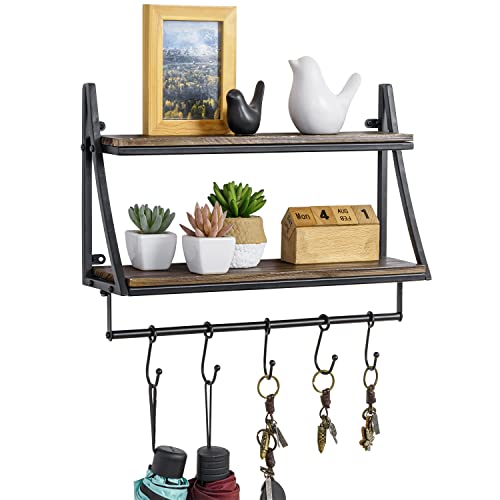 MyGift 2 Tier Wall Mounted Solid Brown Wood Floating Shelf with Metal Frame and 5 Sliding Hooks, Industrial Rustic Bathroom and Kitchen Display Storage Rack