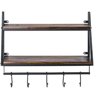 MyGift 2 Tier Wall Mounted Solid Brown Wood Floating Shelf with Metal Frame and 5 Sliding Hooks, Industrial Rustic Bathroom and Kitchen Display Storage Rack