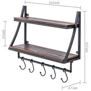 MyGift 2 Tier Wall Mounted Solid Brown Wood Floating Shelf with Metal Frame and 5 Sliding Hooks, Industrial Rustic Bathroom and Kitchen Display Storage Rack