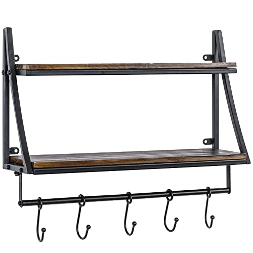 MyGift 2 Tier Wall Mounted Solid Brown Wood Floating Shelf with Metal Frame and 5 Sliding Hooks, Industrial Rustic Bathroom and Kitchen Display Storage Rack