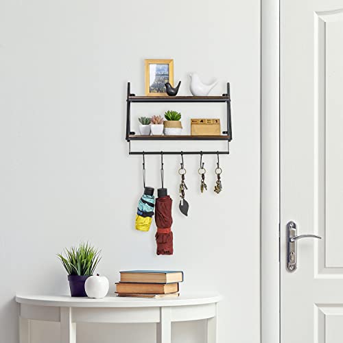 MyGift 2 Tier Wall Mounted Solid Brown Wood Floating Shelf with Metal Frame and 5 Sliding Hooks, Industrial Rustic Bathroom and Kitchen Display Storage Rack