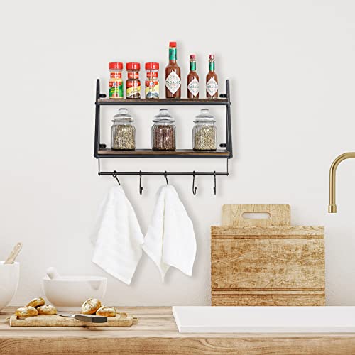 MyGift 2 Tier Wall Mounted Solid Brown Wood Floating Shelf with Metal Frame and 5 Sliding Hooks, Industrial Rustic Bathroom and Kitchen Display Storage Rack