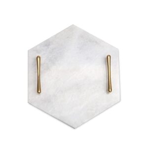 stones n crafts white marble bathroom organizer, also used as marble serving tray, jewelry dish tray, kitchen island décor with brass bent handles, unique housewarming gift for new apartment