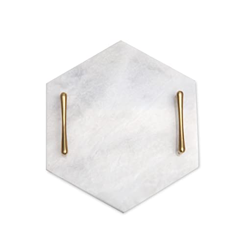 STONES N CRAFTS White Marble Bathroom Organizer, Also Used as Marble Serving Tray, Jewelry Dish Tray, Kitchen Island Décor with Brass Bent Handles, Unique Housewarming Gift for New Apartment