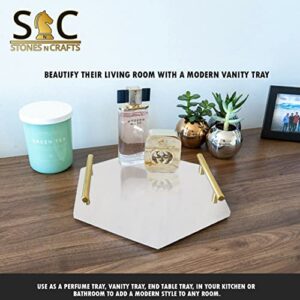 STONES N CRAFTS White Marble Bathroom Organizer, Also Used as Marble Serving Tray, Jewelry Dish Tray, Kitchen Island Décor with Brass Bent Handles, Unique Housewarming Gift for New Apartment