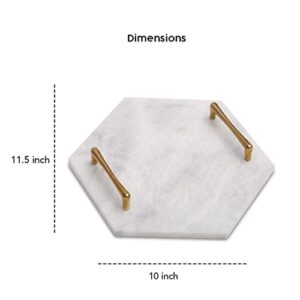 STONES N CRAFTS White Marble Bathroom Organizer, Also Used as Marble Serving Tray, Jewelry Dish Tray, Kitchen Island Décor with Brass Bent Handles, Unique Housewarming Gift for New Apartment