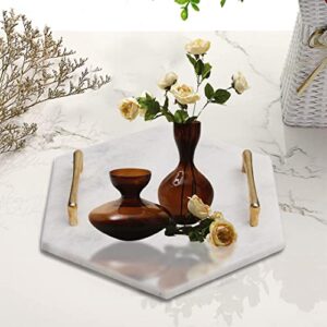 STONES N CRAFTS White Marble Bathroom Organizer, Also Used as Marble Serving Tray, Jewelry Dish Tray, Kitchen Island Décor with Brass Bent Handles, Unique Housewarming Gift for New Apartment