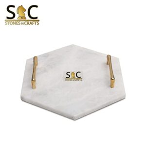 STONES N CRAFTS White Marble Bathroom Organizer, Also Used as Marble Serving Tray, Jewelry Dish Tray, Kitchen Island Décor with Brass Bent Handles, Unique Housewarming Gift for New Apartment