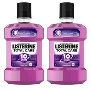 listerine total care mouthwash, 10 benefit fluoride mouthwash for bad breath and enamel strength, clean mint flavor, 1 liter (pack of 2)
