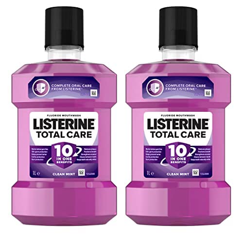 Listerine Total Care Mouthwash, 10 Benefit Fluoride Mouthwash for Bad Breath and Enamel Strength, Clean Mint Flavor, 1 Liter (Pack of 2)
