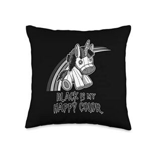 goth girl gifts emo punk dark gothic music black is my happy color gothic unicorn goth girl emo throw pillow, 16x16, multicolor