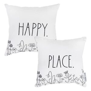 rae dunn decorative throw pillows, decor for living room and bedroom, 2 pack of 12x12 inch pillows, soft, throw pillows for couch, bed, chair, labelled happy, place in signature font