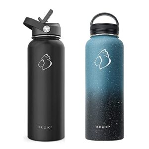 buzio vacuum insulated stainless steel water bottle 40oz with 40oz insulated three caps water bottle, bpa free double wall water flask with carrying pouch double vacuum hot cold water bottles