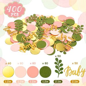 400 Pcs Greenery Baby Shower Confetti Scatter Decorations, Sage Olive Green Table Confetti Dots with Eucalyptus and Gold Baby Confetti Scatter for Baby Shower Gender Reveal Decor