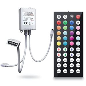 tjoy rgb led controller for light strip, 44 key ir remote for smd 10mm 5050 3528 2835, 2 ports of 4 female pin controller, dc 12v-24v, 6a, replacement wireless remote control for flexible tape light