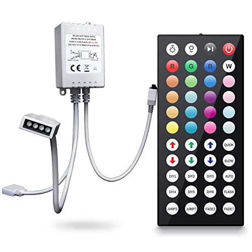 TJOY RGB Led Controller for Light Strip, 44 Key IR Remote for SMD 10mm 5050 3528 2835, 2 Ports of 4 Female Pin Controller, DC 12V-24V, 6A, Replacement Wireless Remote Control for Flexible Tape Light