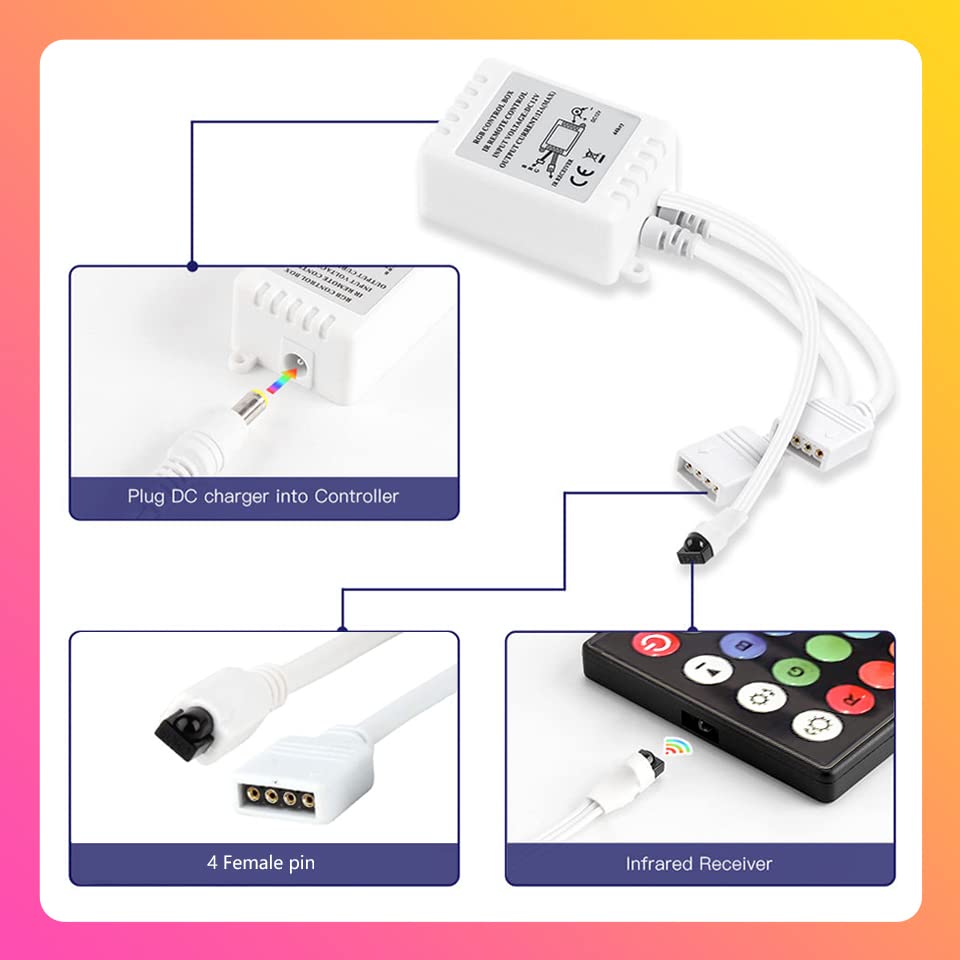 TJOY RGB Led Controller for Light Strip, 44 Key IR Remote for SMD 10mm 5050 3528 2835, 2 Ports of 4 Female Pin Controller, DC 12V-24V, 6A, Replacement Wireless Remote Control for Flexible Tape Light