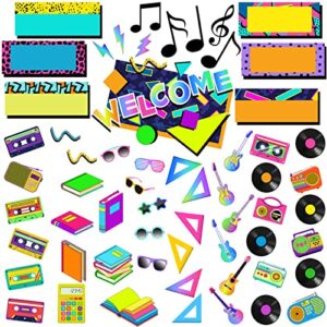 65 pcs 80s back to school classroom school supplies welcome mini bulletin board vinyl record cut-outs music note cutouts and classroom decoration for party display label name tag invitation
