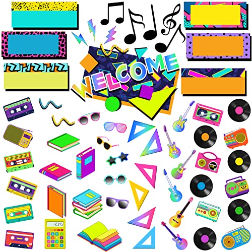 65 Pcs 80s Back to School Classroom School Supplies Welcome Mini Bulletin Board Vinyl Record Cut-Outs Music Note Cutouts and Classroom Decoration for Party Display Label Name Tag Invitation