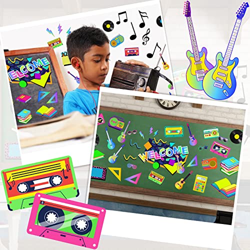 65 Pcs 80s Back to School Classroom School Supplies Welcome Mini Bulletin Board Vinyl Record Cut-Outs Music Note Cutouts and Classroom Decoration for Party Display Label Name Tag Invitation