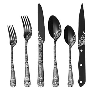euirio 48-piece black silverware set with steak knives, black flatware set for 8, stainless steel cutlery set, knives and forks and spoons sets,unique pattern design,mirror polish and dishwasher safe