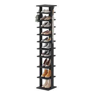 home bi 10 tiers vertical shoe rack, tall skinny wooden boot shelf, narrow slim shoe tower, free standing shoe cabinet with hooks for entryway, closets, corner, wall, front door, outdoor, black