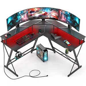 hytxen gaming desk with led lights, l shaped corner computer desk with power strip, carbon fiber surface gaming table with monitor stand＆cup holder, headphone hook, graphite black