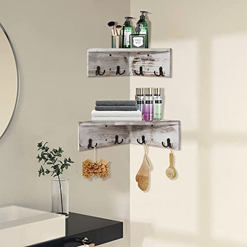 WGFKVAS Corner Shelf Wall Mounted Set of 2, Solid Wood Corner Floating Shelves with Hooks, Rustic White Wall Storage Display Shelf for Wall Decor Living Room, Entryway, Office, Bathroom