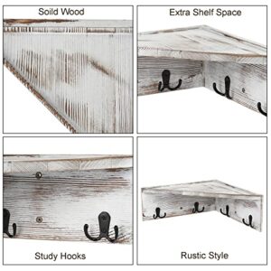 WGFKVAS Corner Shelf Wall Mounted Set of 2, Solid Wood Corner Floating Shelves with Hooks, Rustic White Wall Storage Display Shelf for Wall Decor Living Room, Entryway, Office, Bathroom