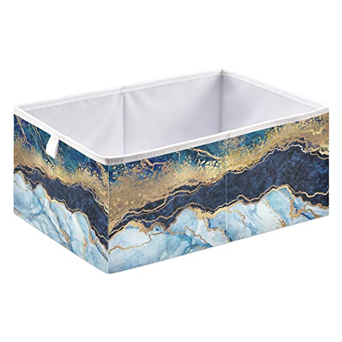 Marble Blue Gold Collapsible Open Storage Bins, Foldable Toy Nursery Storage Basket Bin Cloth Cube Rectangular Organizer with Handles for Shelves Closet Home Decor