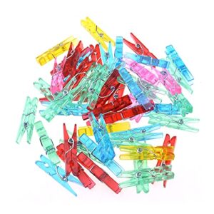 hahiyo 1.38 inch plastic mini colorful clothespins good clarity clips strong sturdy firm hold clamp tight easy use no pin hole on fabric for hanging photos postcards memos baby shower paper line 50pcs