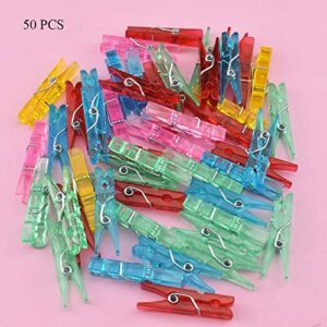 HAHIYO 1.38 inch Plastic Mini Colorful Clothespins Good Clarity Clips Strong Sturdy Firm Hold Clamp Tight Easy Use No Pin Hole on Fabric for Hanging Photos Postcards Memos Baby Shower Paper Line 50PCS