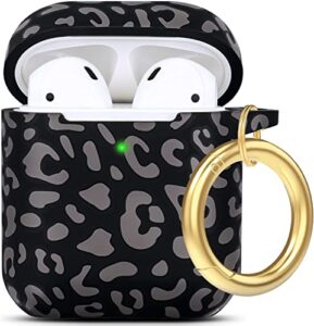 leopard silicone airpods case, gawnock soft case cover flexible for airpods 2nd/1st generation floral print cover for women girls with keychain - gray leopard cheetah