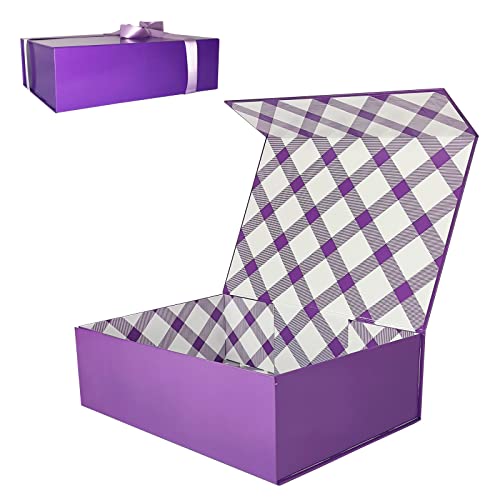 Tekhoho Purple Large Gift Box with Lid, Luxury Present Box for Gifts, Magnetic Folding Gift Boxes with Ribbon & card for Bridesmaid Proposal Wedding Birthday Gift Packaging, Plaid Lining