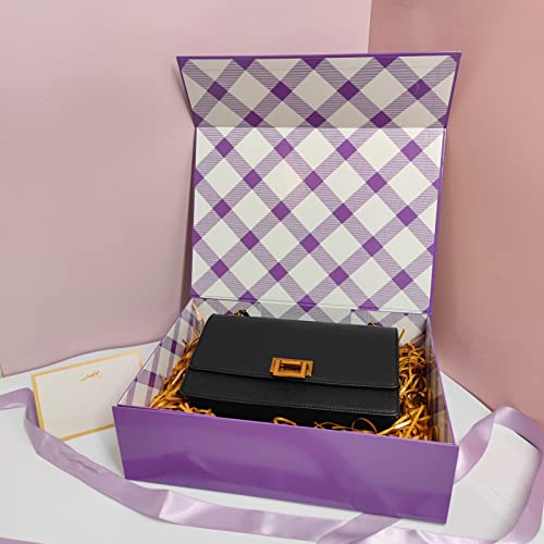 Tekhoho Purple Large Gift Box with Lid, Luxury Present Box for Gifts, Magnetic Folding Gift Boxes with Ribbon & card for Bridesmaid Proposal Wedding Birthday Gift Packaging, Plaid Lining
