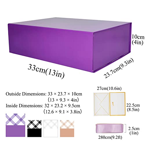 Tekhoho Purple Large Gift Box with Lid, Luxury Present Box for Gifts, Magnetic Folding Gift Boxes with Ribbon & card for Bridesmaid Proposal Wedding Birthday Gift Packaging, Plaid Lining