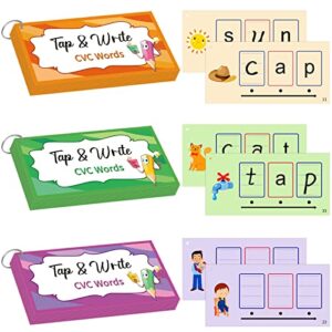 126 cards tap and write cvc words flash cards laminated tracing practice card learning letter cards cvc flashcards with 3 rings for kindergarten preschool kids, 8 x 4 inch